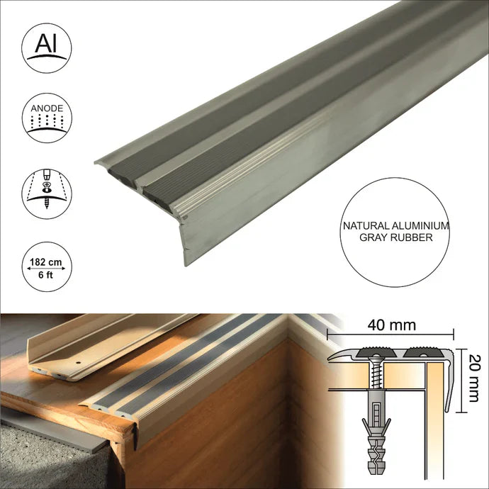 SA11 40x20mm Non Slip Rubber Aluminium Stair Nosing Edge Trim